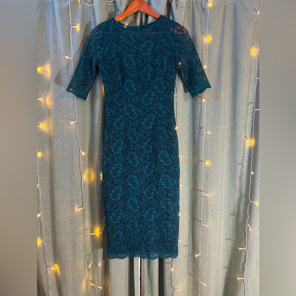 Monique Lhuillier dark blue green long sleeve midi size 2